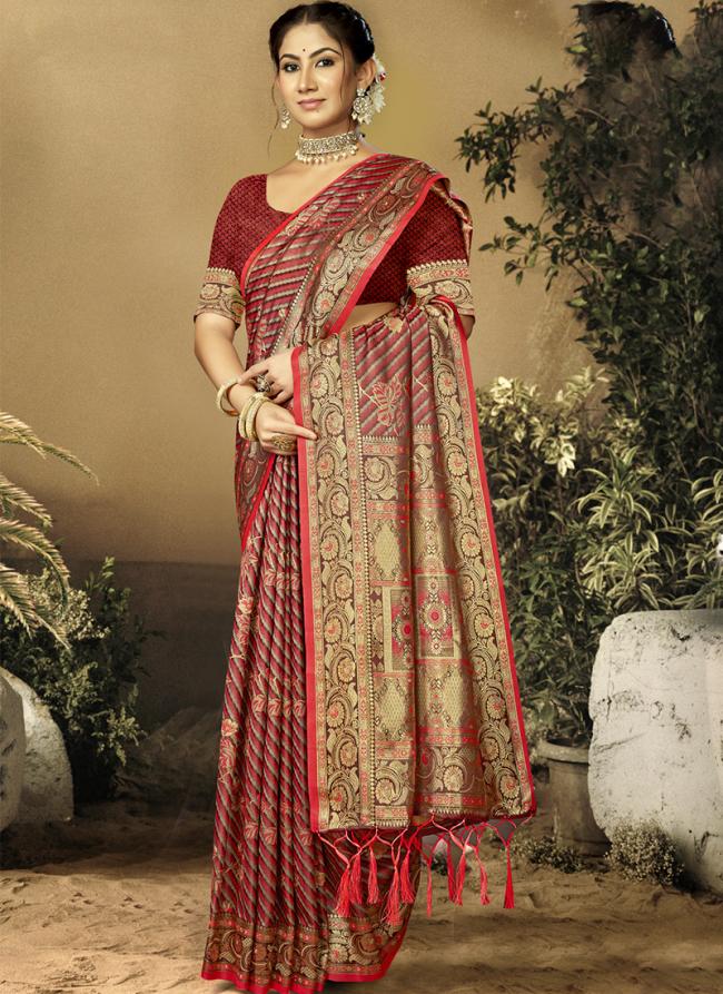 Sattin Silk Red Wedding Wear Weaving Saree